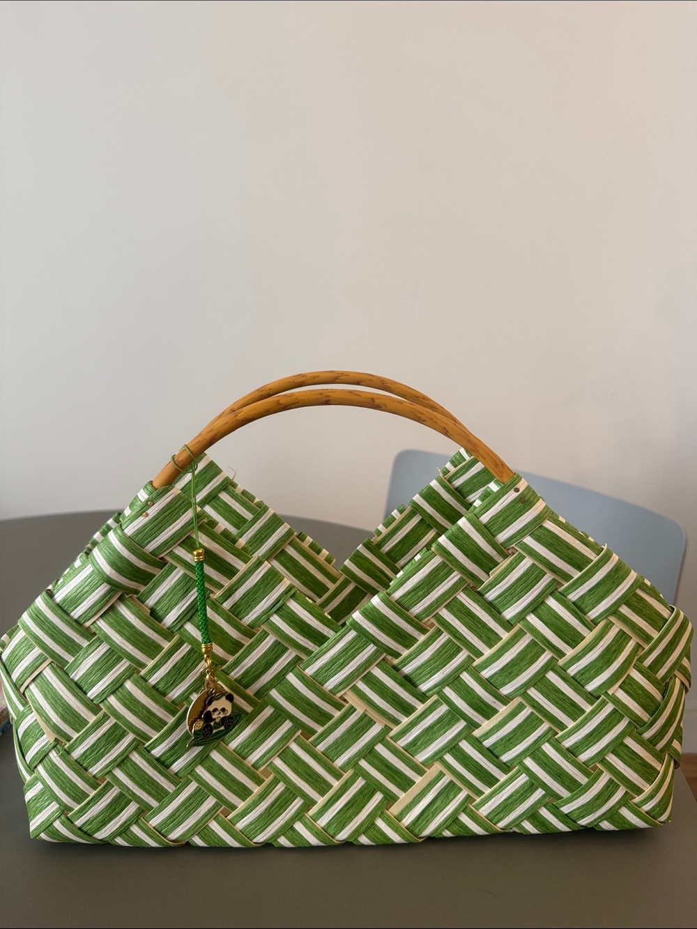 Woven Green & White Tote Bag with Bamboo Handles
